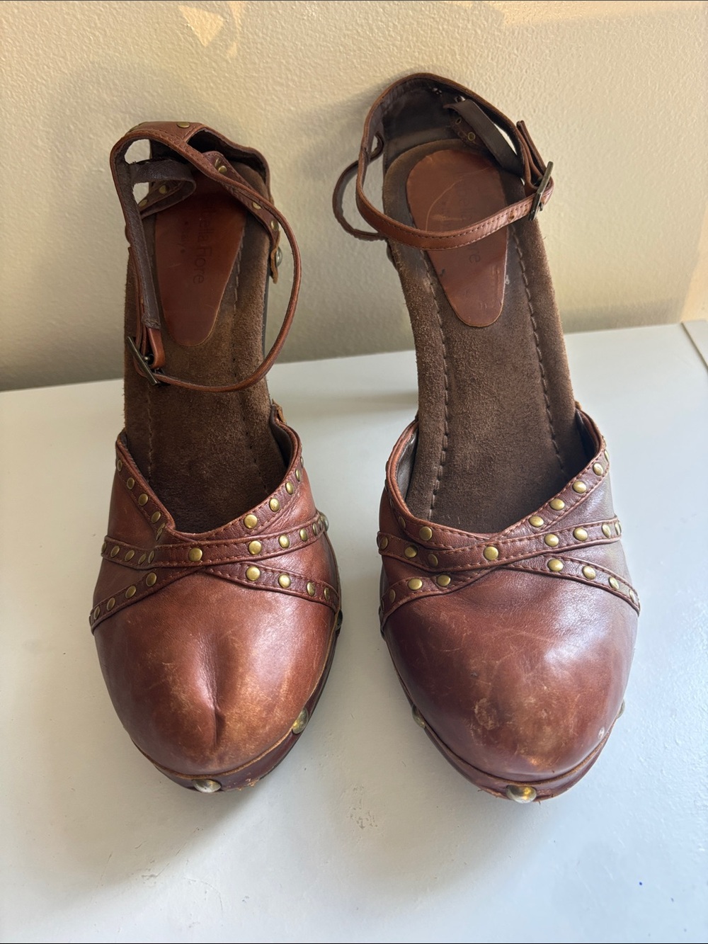 Isabella Fiore Brown Leather Studded Platform Heels